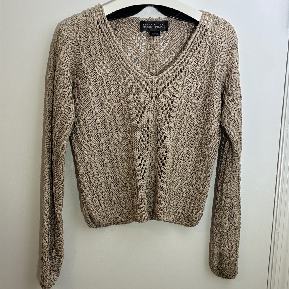Linda Allard Ellen Tracy Mocha Cable Knit Crop Sweater Large